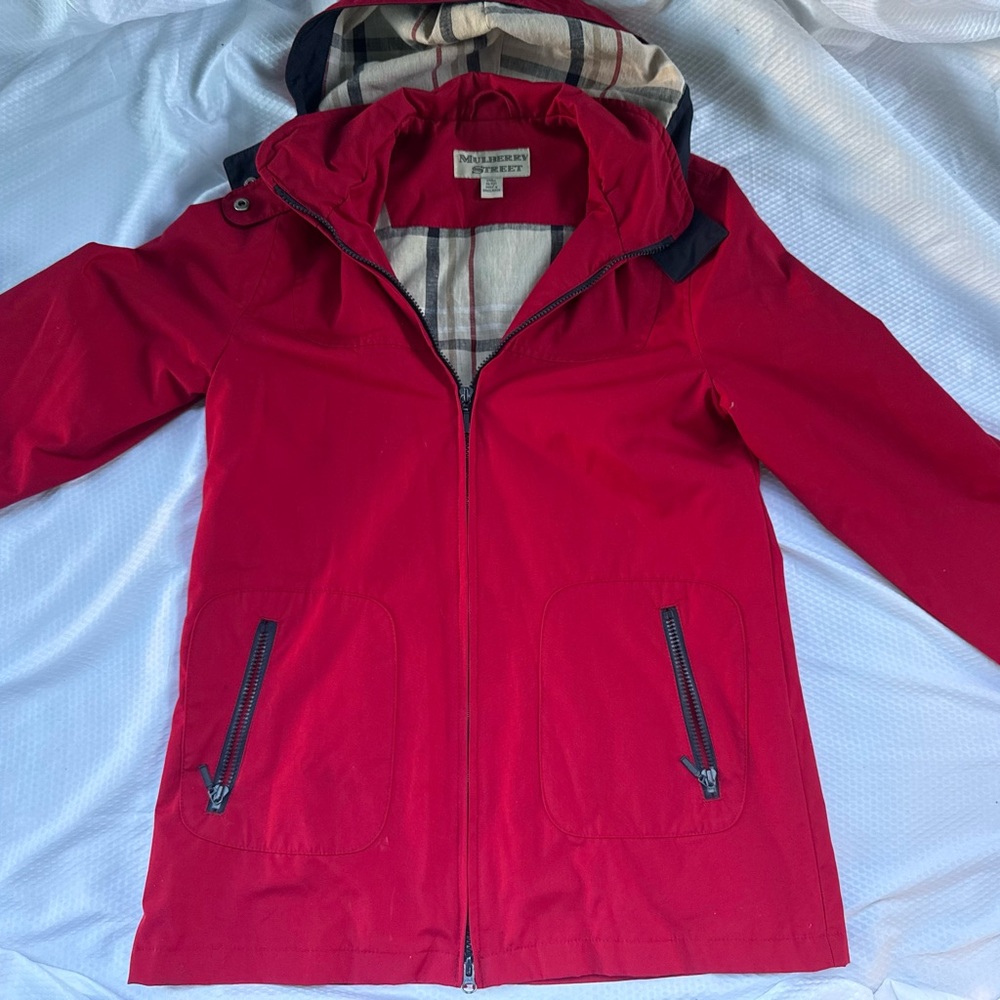 Mulberry Red Fabric Label , Rain jacket.